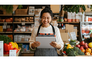 Asian female shopkeeper using a, a Food & Drink Photo by Sergey Kotenev