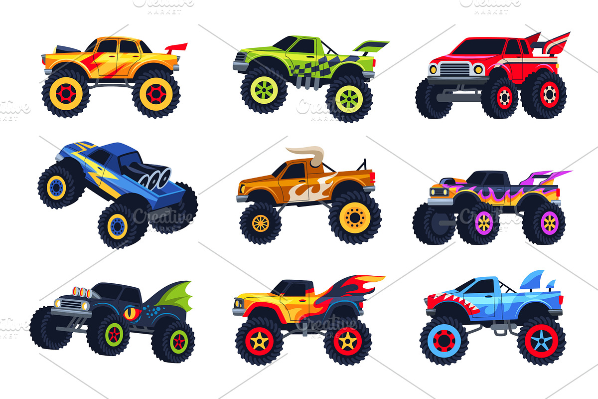 Colorful monster trucks. Aggressive, a Transportation Illustration by YummyBuum