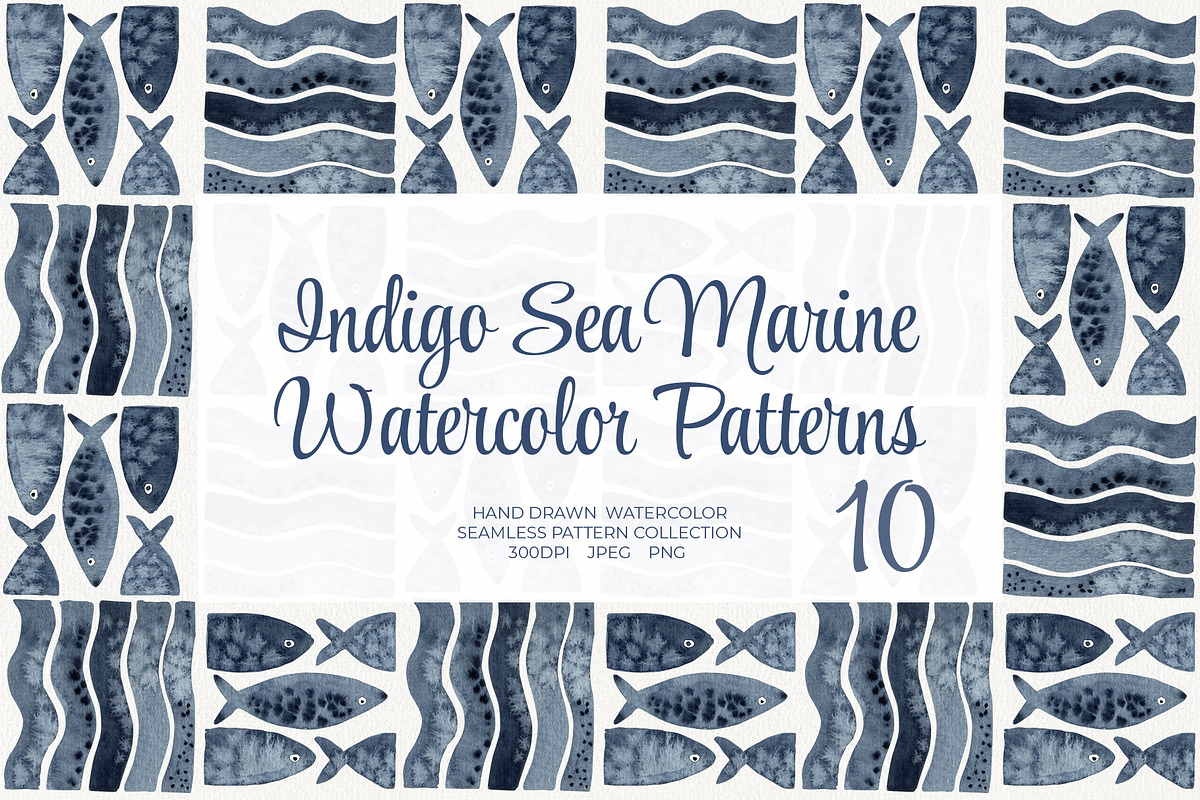 Indigo Sea Marine Watercolor Pattern, an Animal Illustration by YarovaArt (Photo 1 of 12)