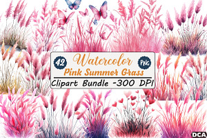 Pink Summer Grass Clipart, an Illustration by DreamCafeArt