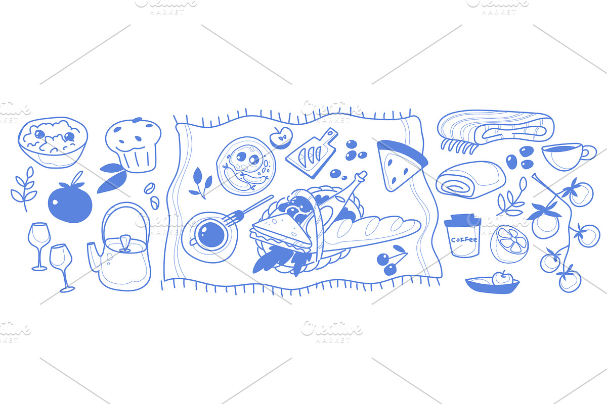 Hand-drawn blue ink picnic sketch, a Food Illustration by art PVP - market