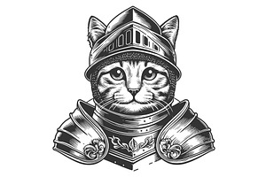 Knight Cat In Armor Engraving Vector