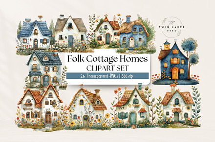 Folk Cottage Homes Clipart Set, an Object Illustration by The Twin Lakes Studio