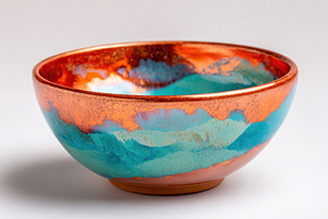 Turquoise and coral glazed ceramic bowl, a Food & Drink Photo by AlyaAnd