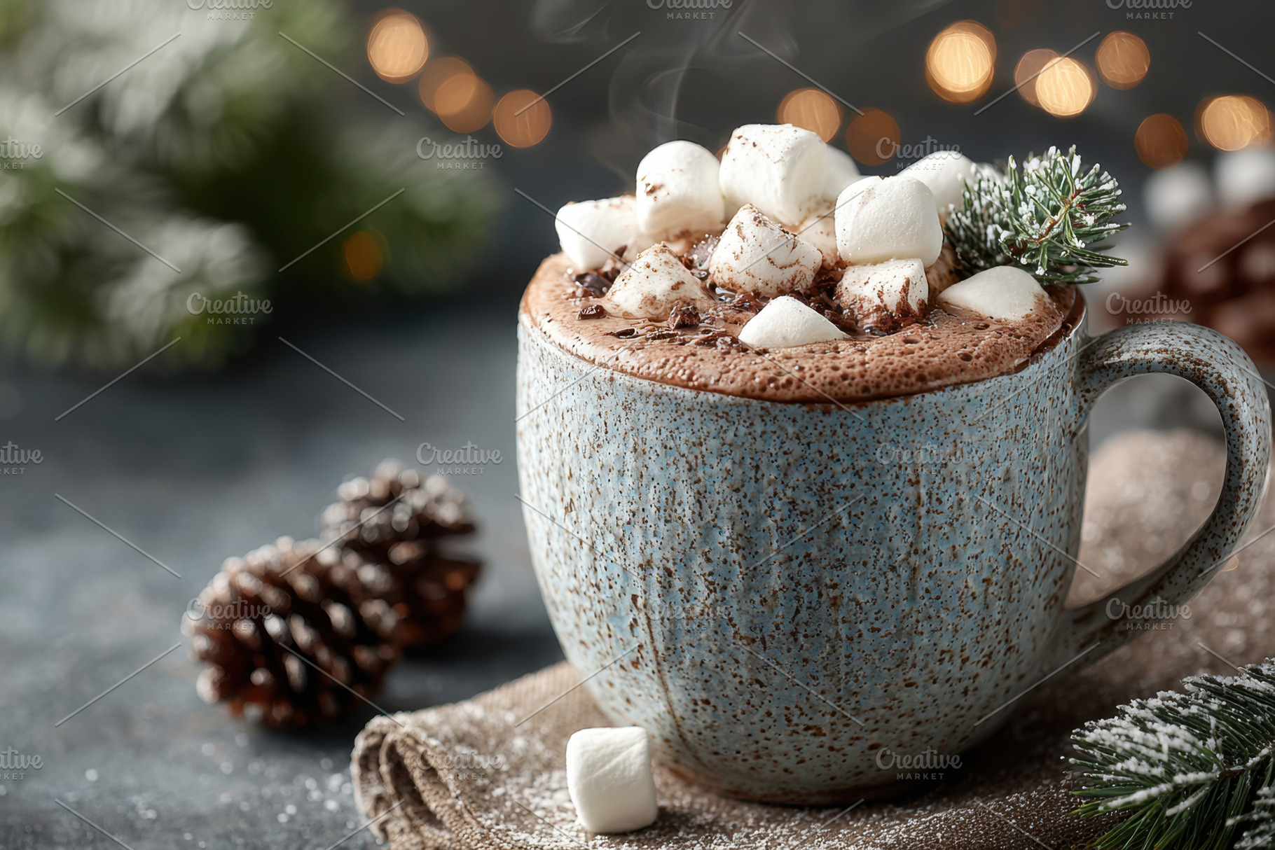 Cozy hot chocolate with marshmallows and pine, a Food & Drink Photo by AlyaAnd