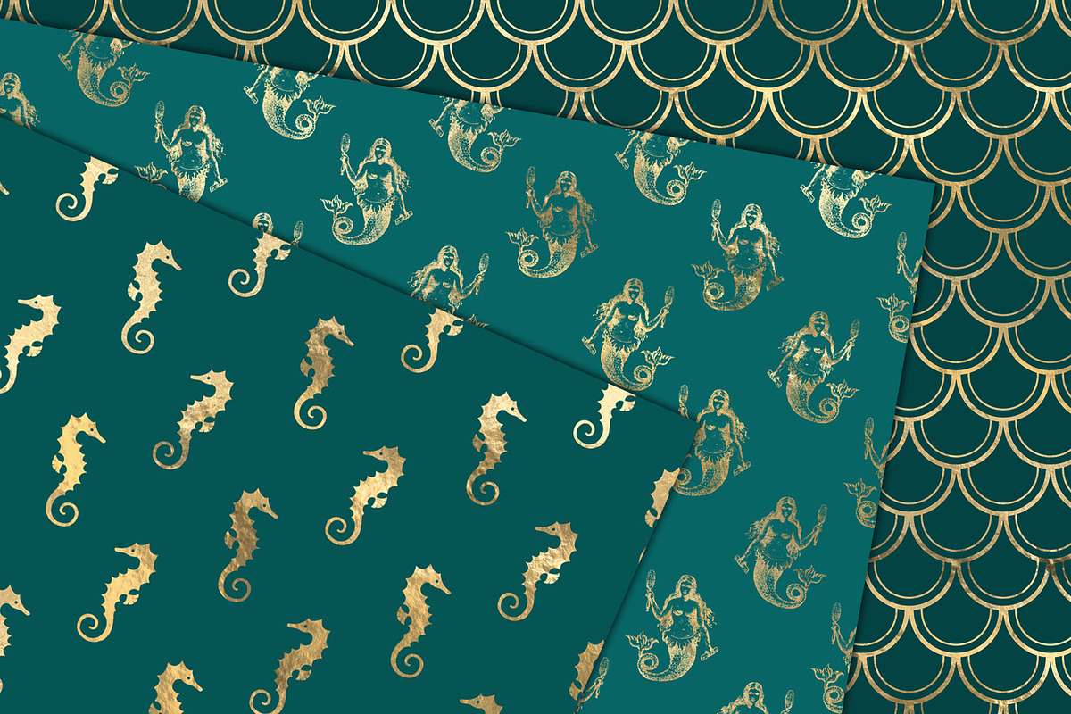 Teal and Gold Mermaid Digital Paper, a Pattern Graphic by Digital Curio
