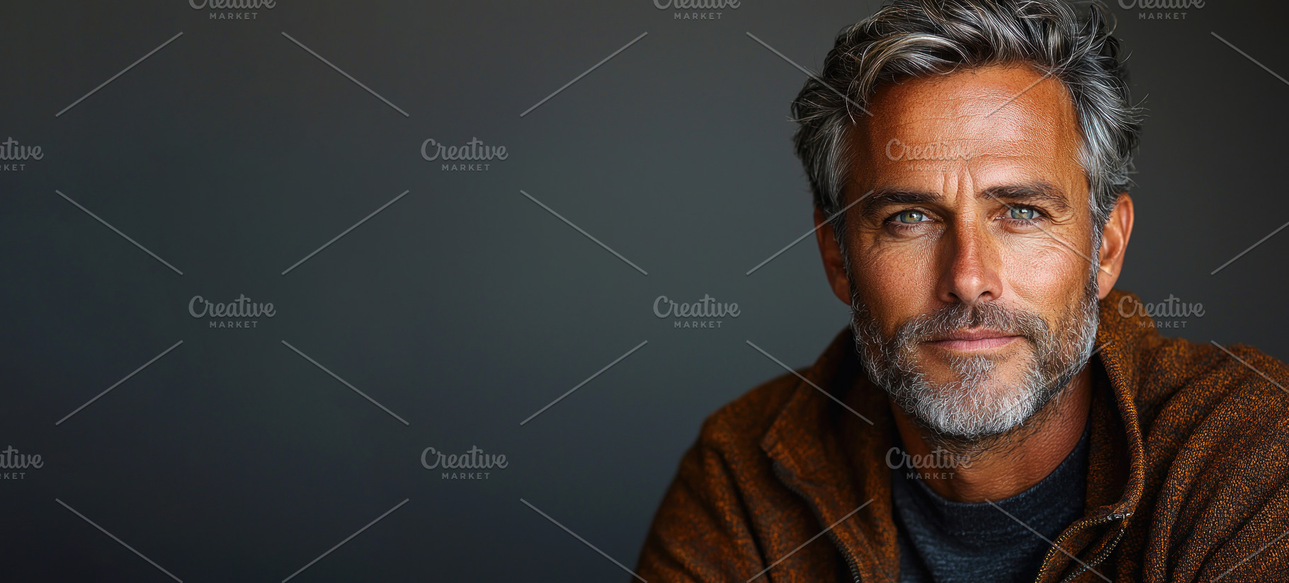 Confident mature man with gray hair and beard wearing brown zip, a Person Photo by José Manuel Gelpi