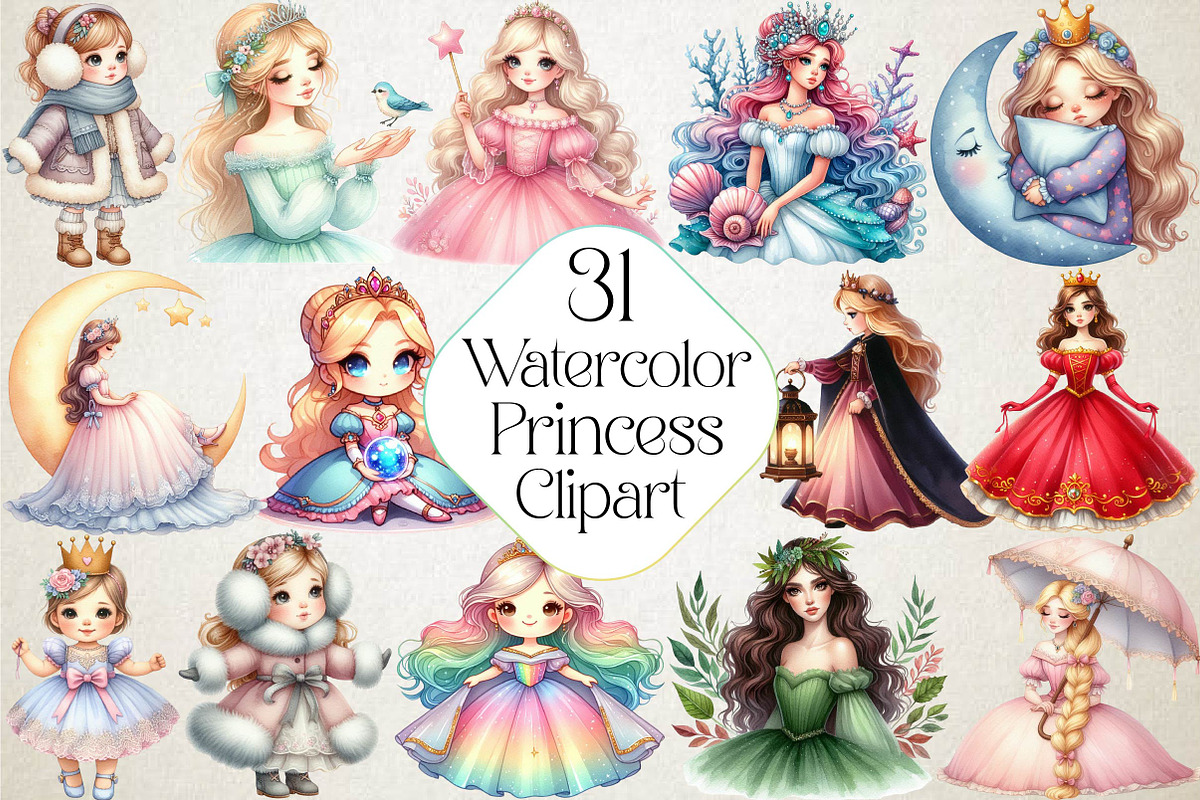 Watercolor Princess Clipart, an Illustration by DreamPrint404 (Photo 1 of 6)