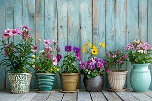 Different flowers in pots on wooden table, a Photo by AlyaAnd