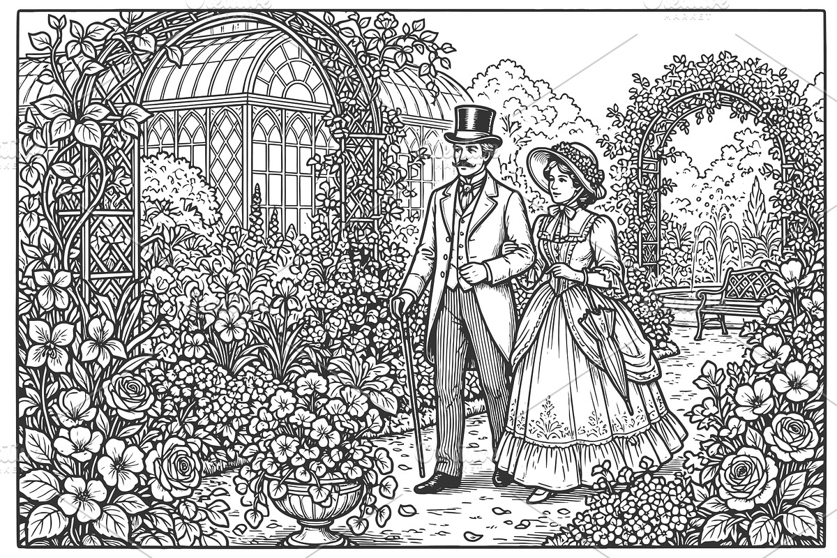 Victorian Couple Walking In Garden, a Person Illustration by AlexArt