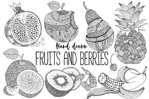 Fruits and berries - hand drawn set