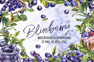 Blueberries watercolor clip art