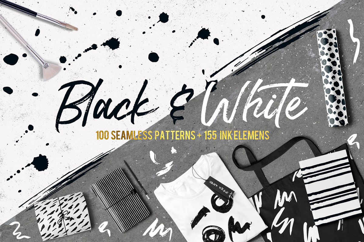 Black&White patterns + ink elements, a Pattern Graphic by Bosotochka♥Art (Photo 1 of 9)