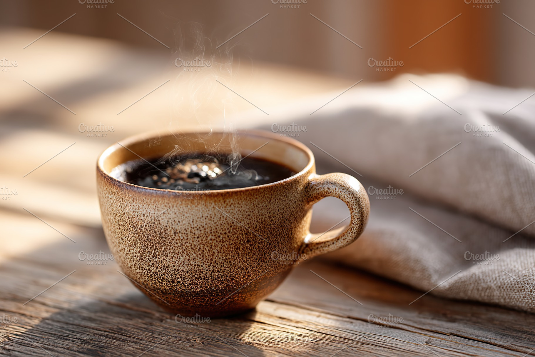 Warm coffee cup resting on a rustic wooden table in soft morning light, a Food & Drink Photo by AlyaAnd
