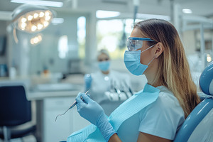 Woman in dental chair wearing mask a, a Health & Medical Photo by Pixeness Studio