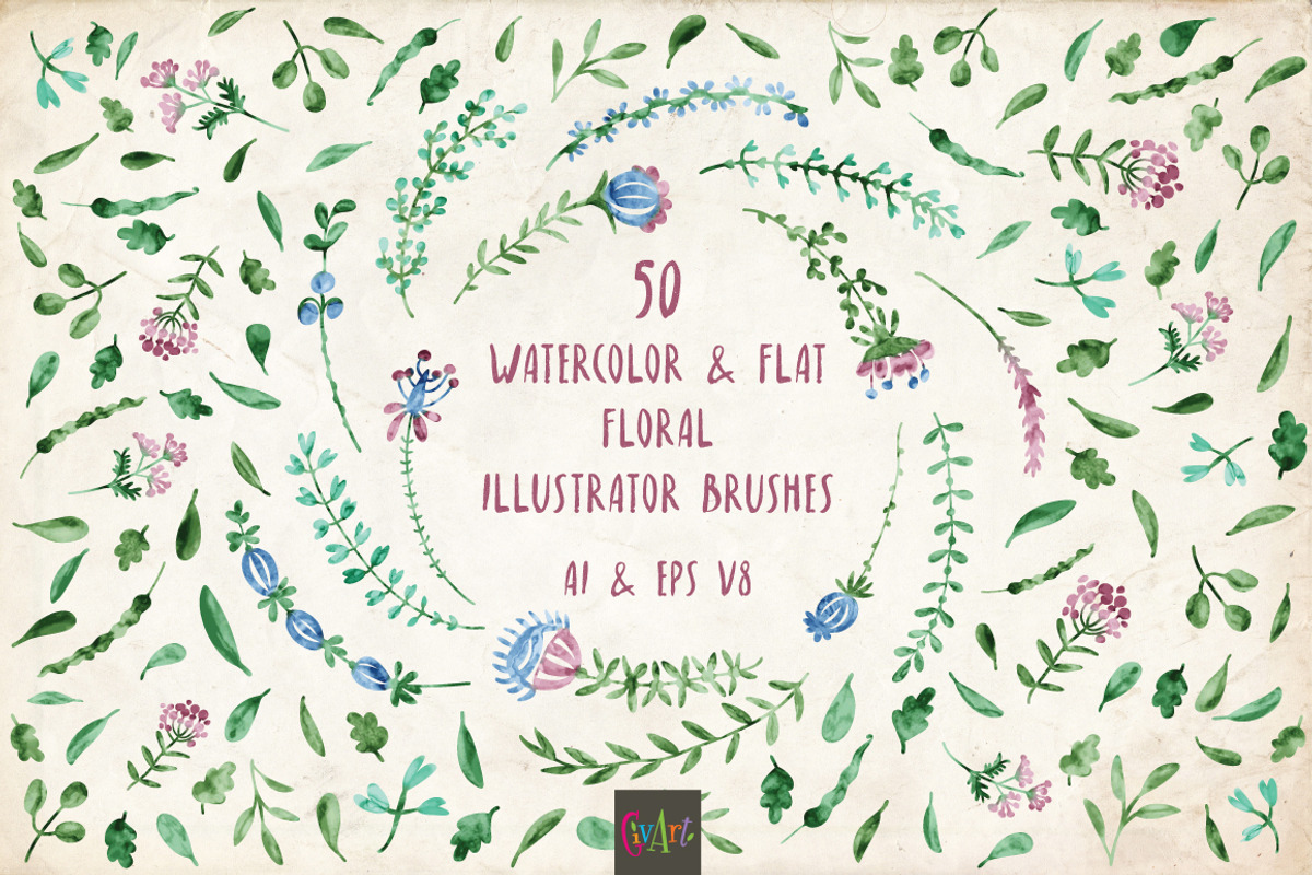 50 floral watercolor vector brushes, a Brush Add-On by SunArt (Photo 1 of 5)