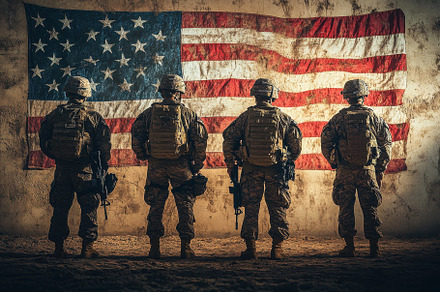 Four soldiers stand before a weather, a Background Photo by Pixeness