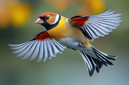 Beautiful goldfinch bird in fly on blurred green background, an Animal Photo by AlyaAnd