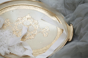Golden Vintage Tray on Lace Fabric 