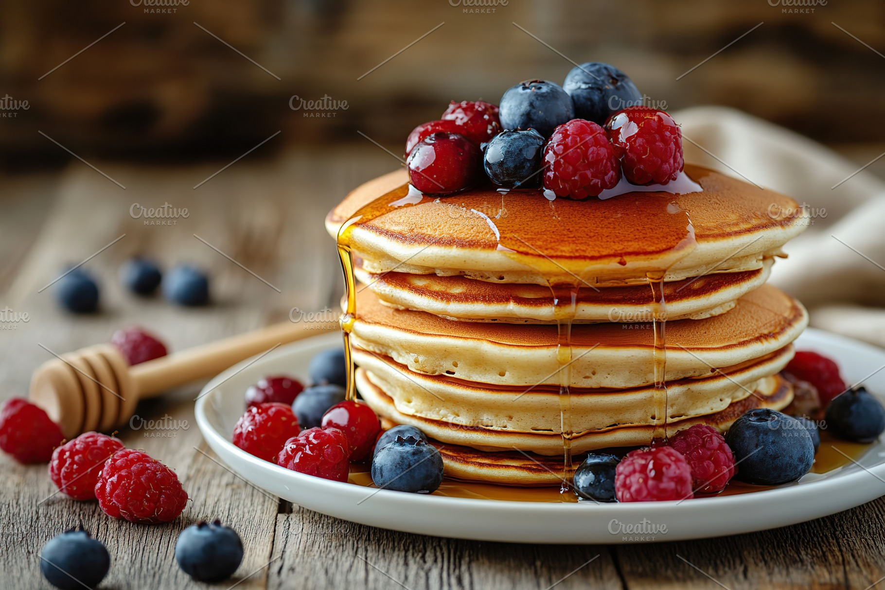 Breakfast delight with fluffy pancakes and berries drizzled with sweet syrup, a Food & Drink Photo by AlyaAnd