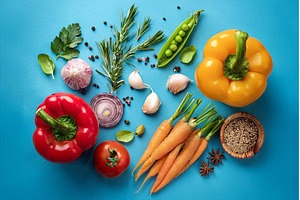 Fresh vegetables herbs arranged on, a Food & Drink Photo by Ungvar Studio