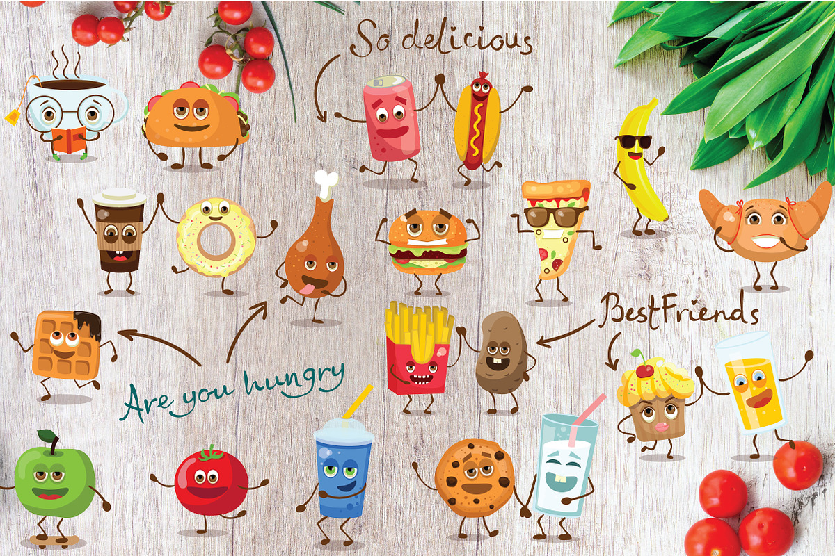 Funny FOOD set, a Food Illustration by Virinaflora