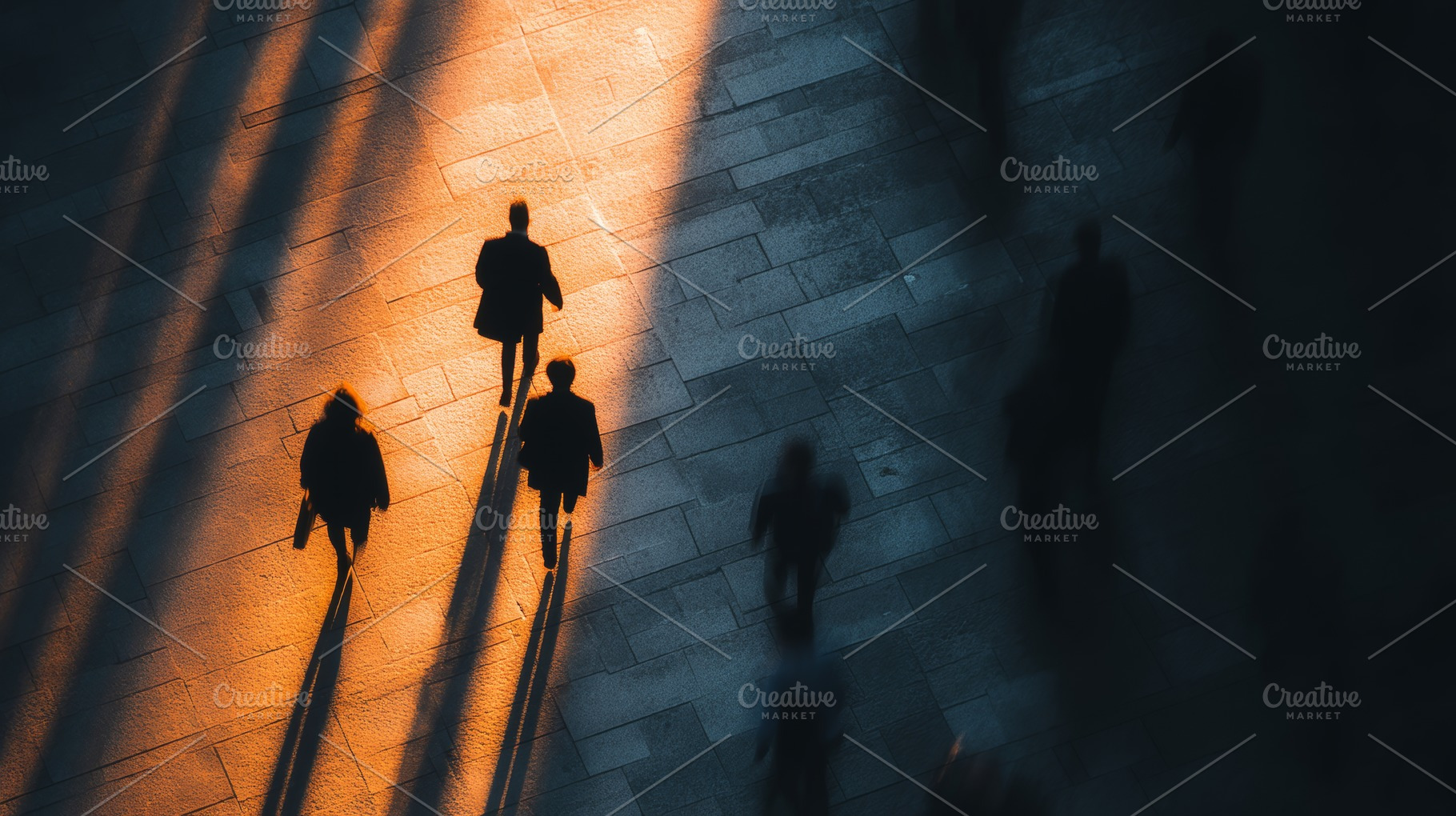 Silhouetted pedestrians walking in warm sunlight with long shadows on city pave, a Person Photo by AS photostudio