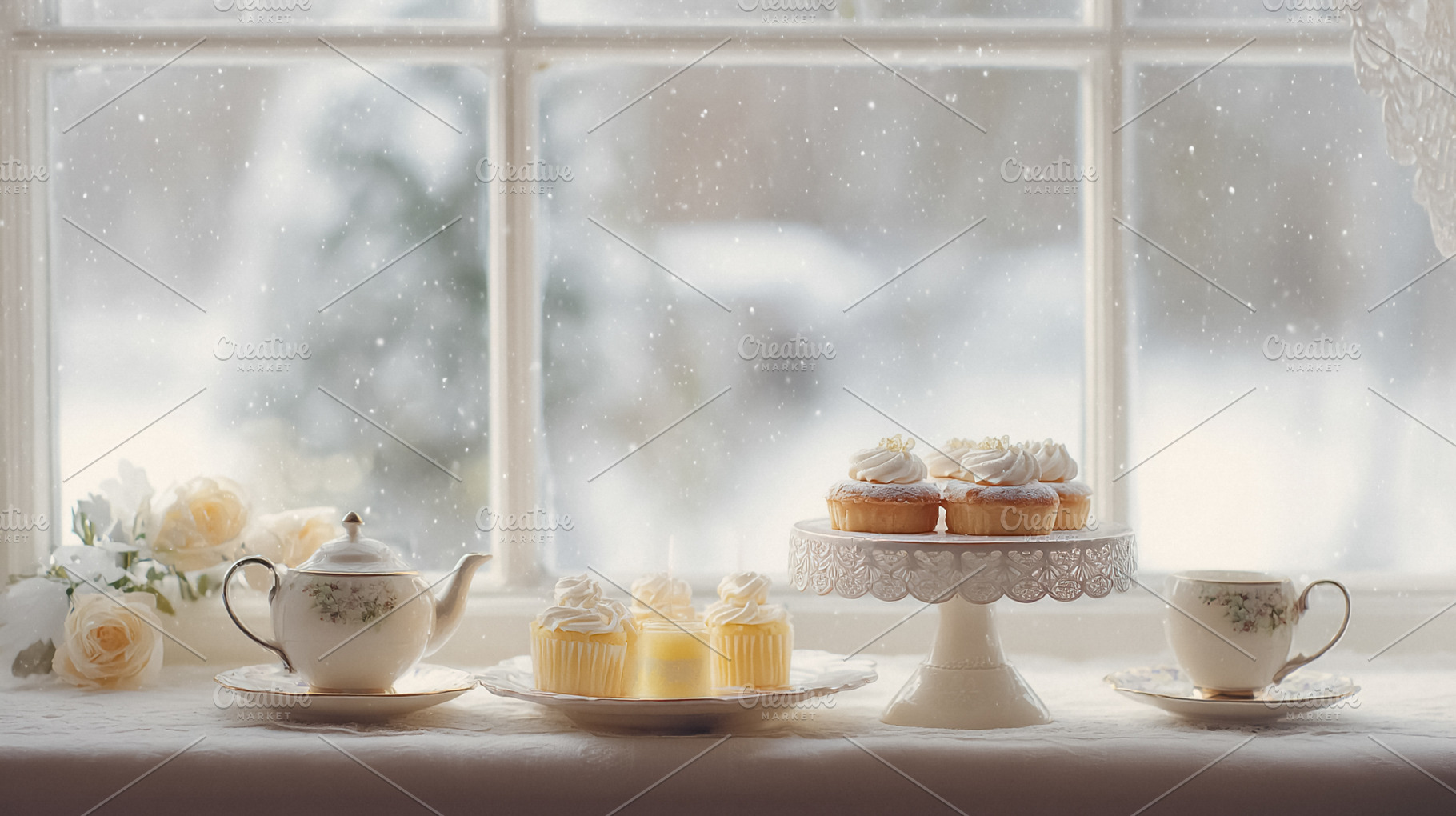 Cozy winter tea time with cupcakes on a windowsill, snow falling, a Photo by Studio ANNA