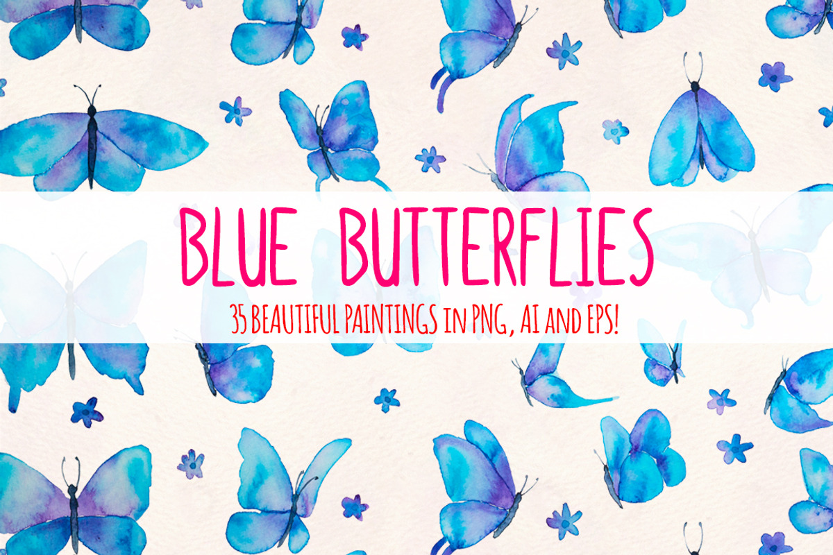Blue Butterfly Watercolor Bundle, an Animal Illustration by Violet LeBeaux (Photo 1 of 3)