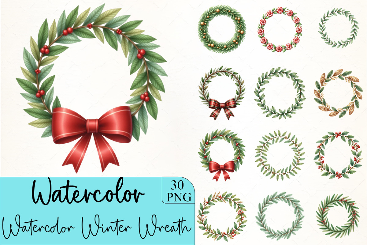 Watercolor Winter Wreath Clipart, an Illustration by CrexoraLab (Photo 1 of 5)