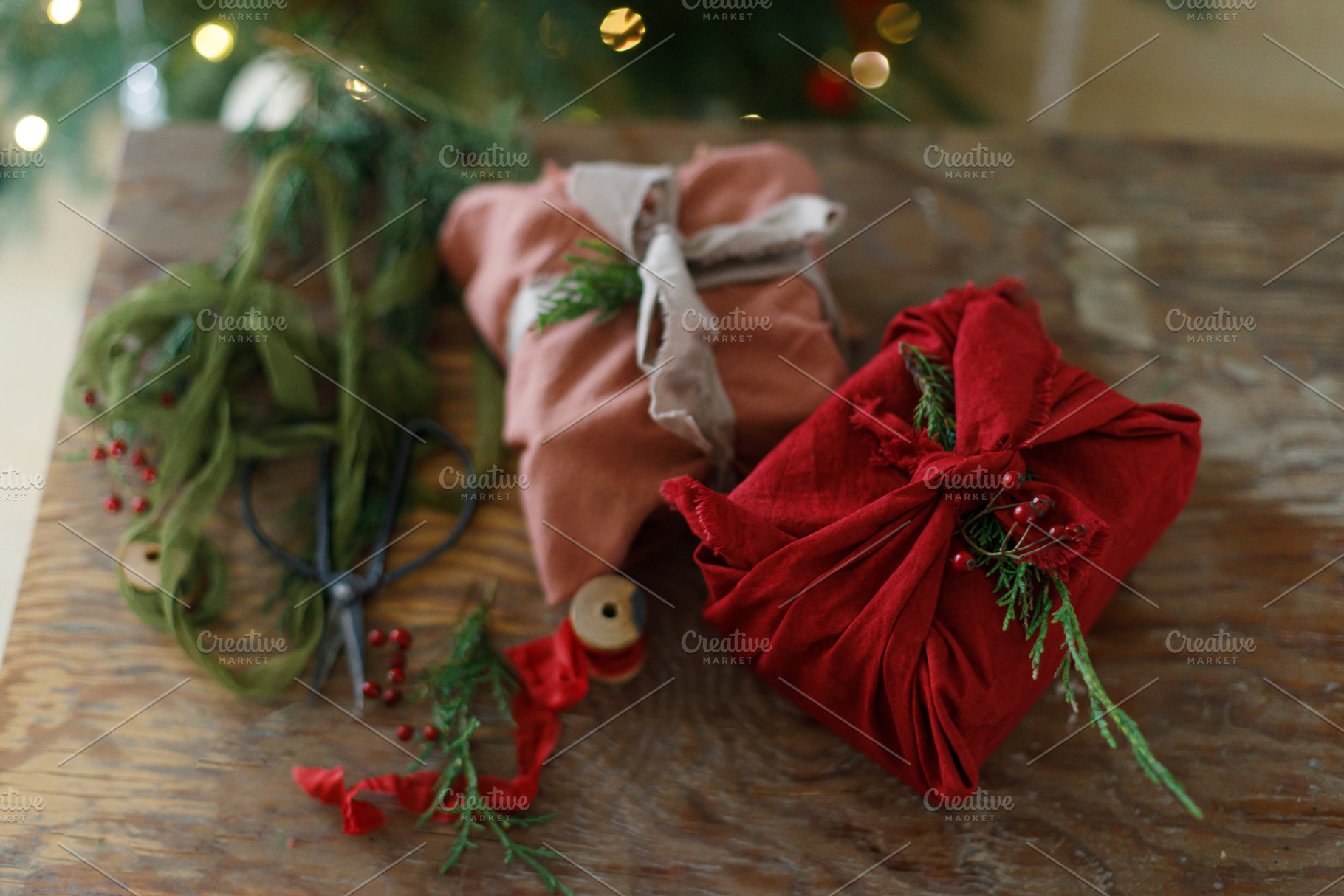 Zero waste christmas gifts. Stylish christmas presents wrapped i, a Holiday Photo by Sonjachni