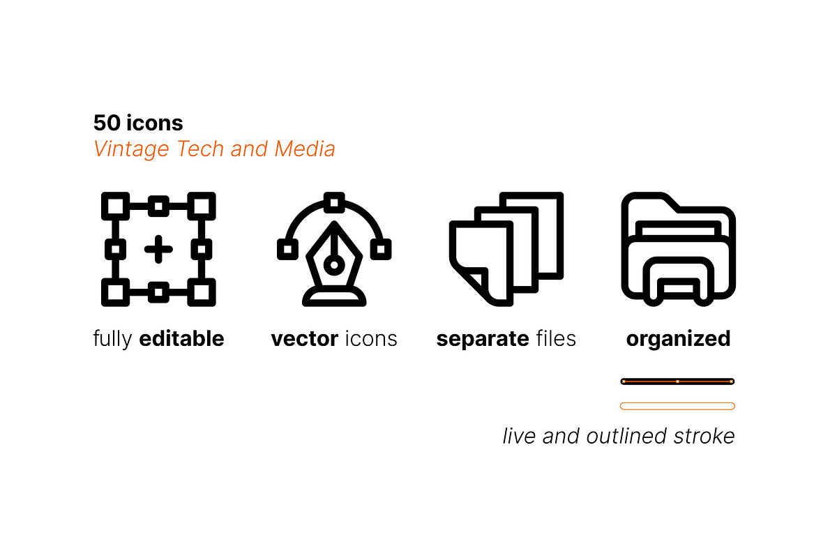 50 Vintage Technology & Media Icons, an Outline Icon by Side Project (Photo 4 of 8)