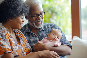 Elderly man and woman joyfully holding baby indoors, concept of, a Photo by Dvoevnore photos