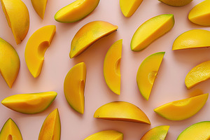 Pattern of fresh mango pieces on pink background, a Food & Drink Photo by AlyaAnd