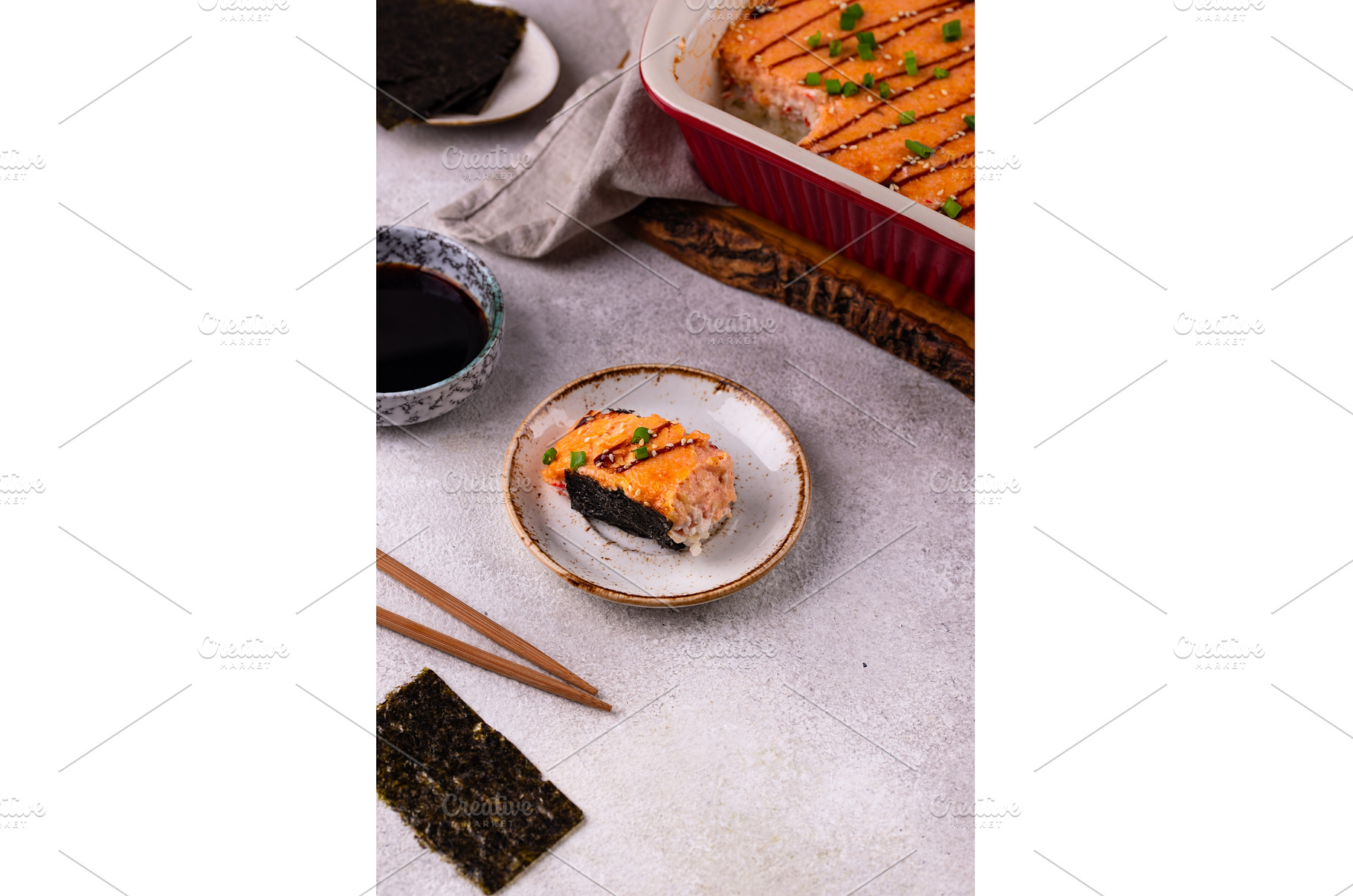 Baked sushi roll cake with crab, a Food & Drink Photo by Yulia Furman