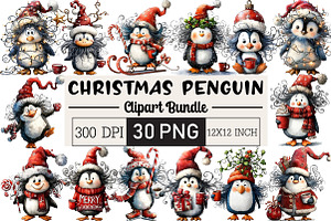 Quirky Christmas Penguin Clipart, an Illustration by Black Bird Studio