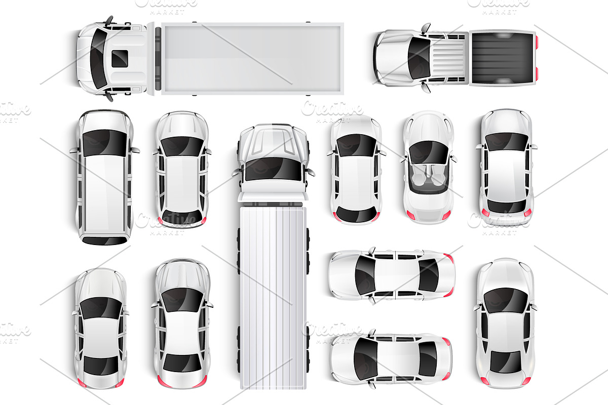 Top view of white cars and trucks, a Transportation Illustration by Yayasya