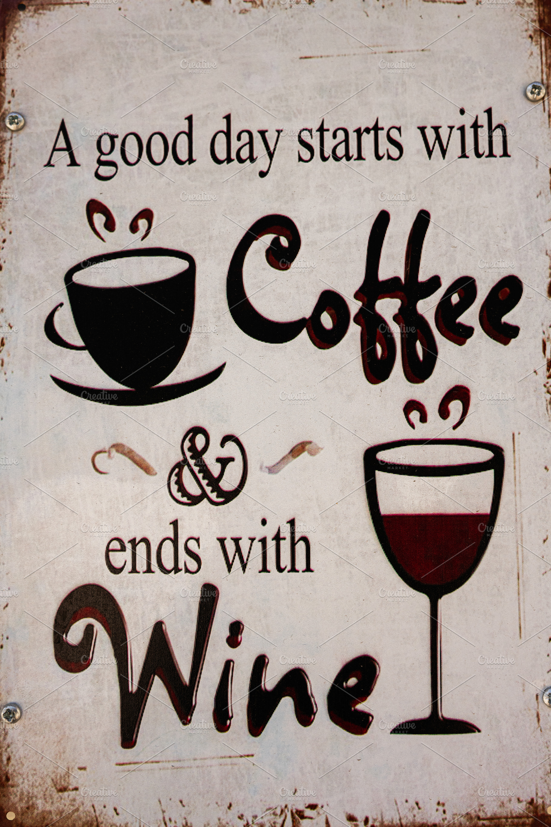 Vintage sign with humorous coffee and wine lettering, a Photo by AS photostudio