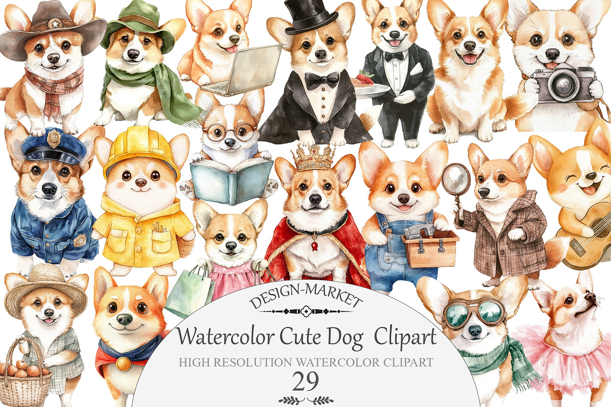 Watercolor Cute Dog Clipart, an Illustration by Design Market (Photo 1 of 4)