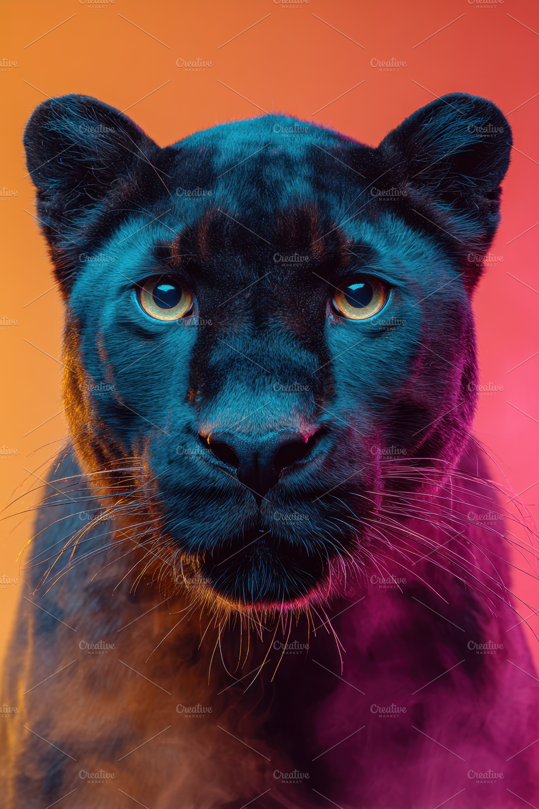 Close-up portrait of a black panther with vibrant background, an Animal Photo by AlyaAnd