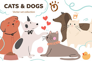 Cute cat and dog vector set