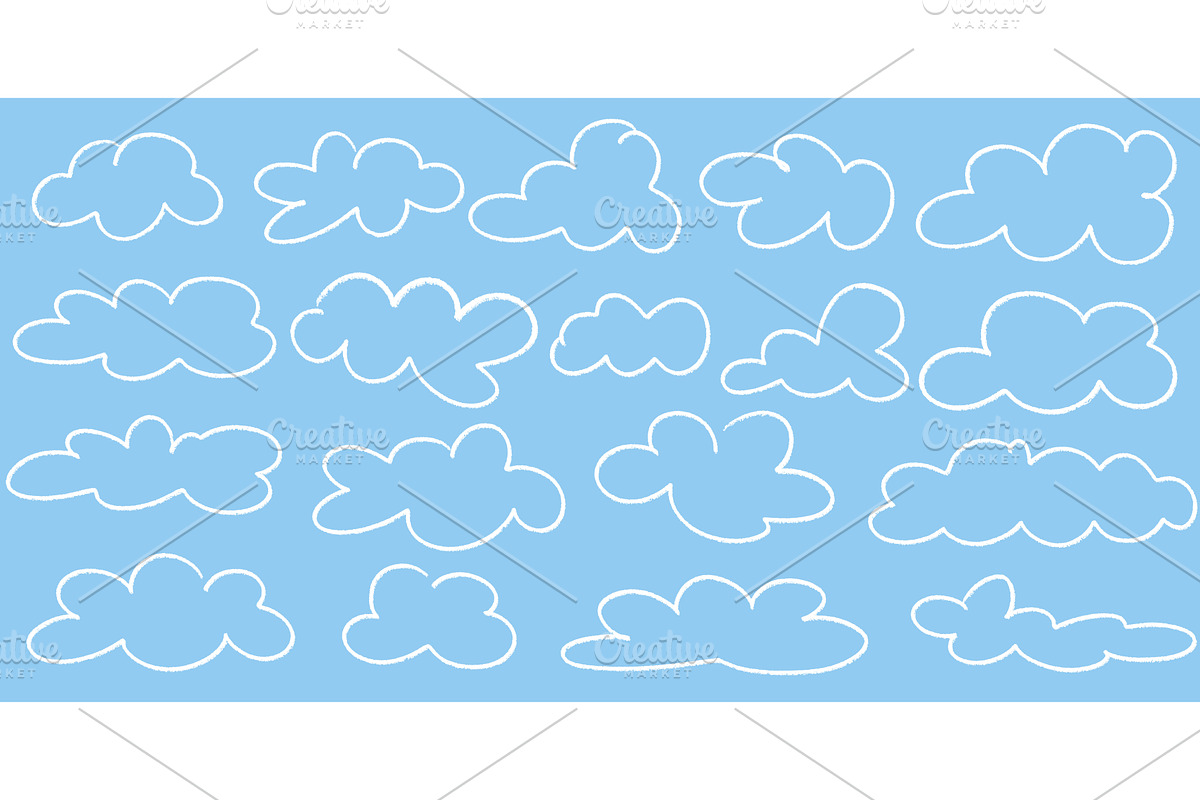Set of fluffy light clouds drawn in, an Object Illustration by Tati_Kli