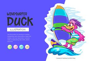 Cartoon Duck Windsurfer. Tshirt, PNG, an Animal Illustration by KENO Mascots