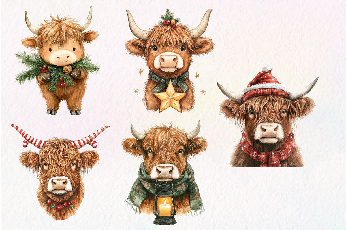 Christmas Highland Cow Clipart, an Illustration by Dream Creation (Photo 7 of 7)