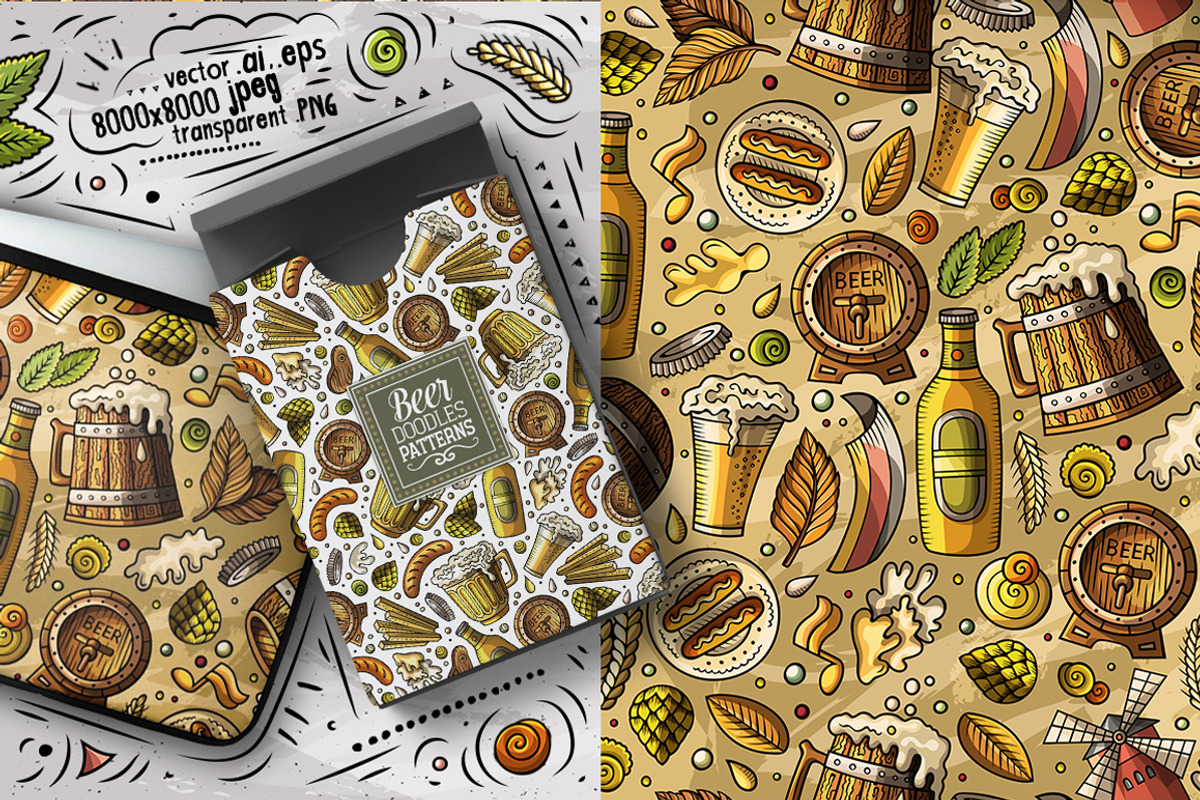 7 Beer Doodle Seamless Patterns Set, a Pattern Graphic by BALABOLKA (Photo 5 of 8)