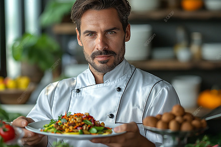 Handsome male chef presenting a vibrant salad, exuding culinary expertise in a, a Person Photo by ImageMir