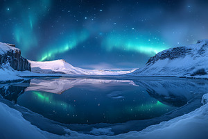 Northern lights over snowy mountain, a Nature Photo by Photostock