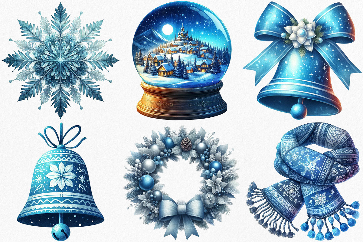 Watercolor Blue Christmas Clipart, an Illustration by Canvas Craft (Photo 2 of 7)