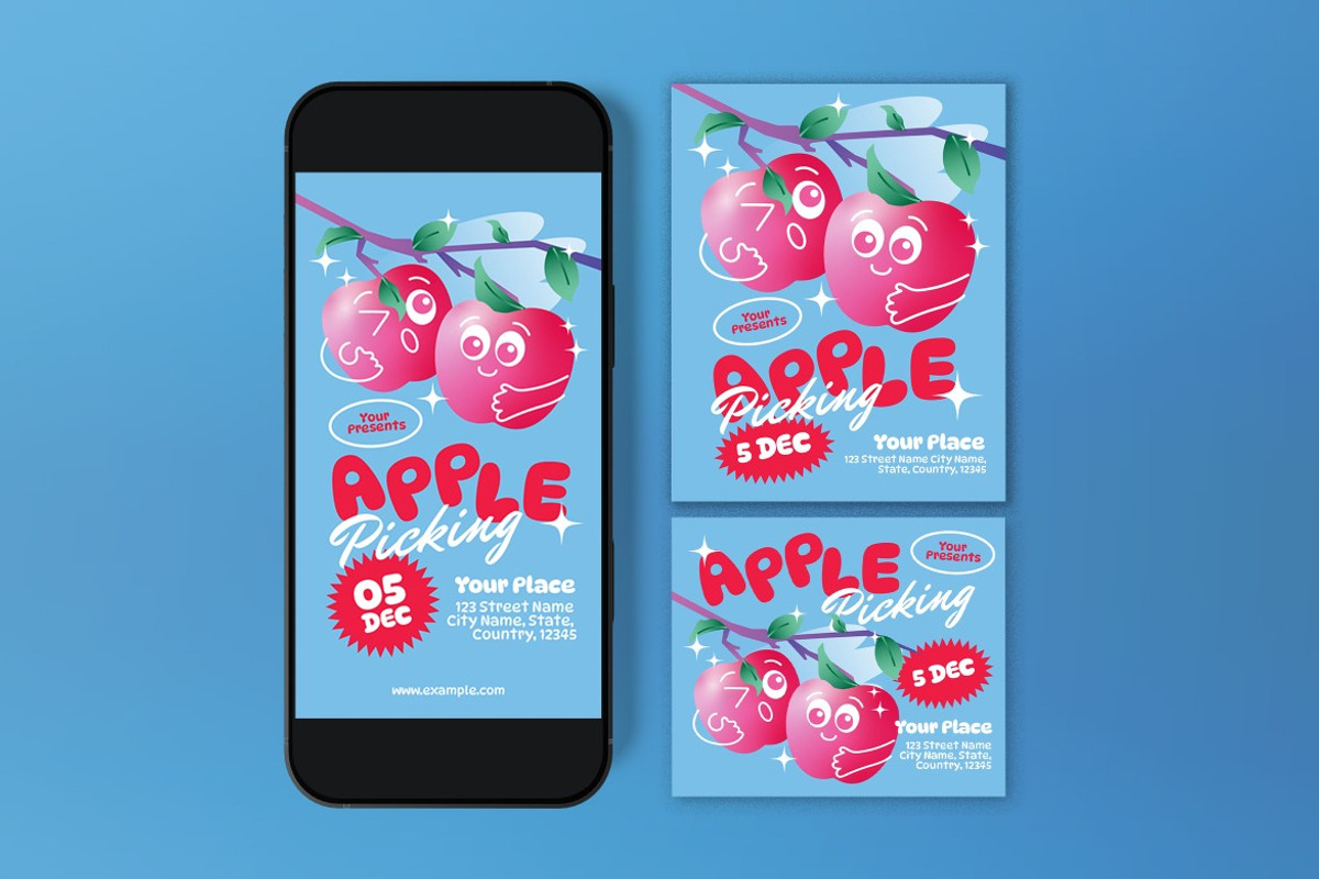 Blue Quirky Apple Picking Flyer Set preview 3