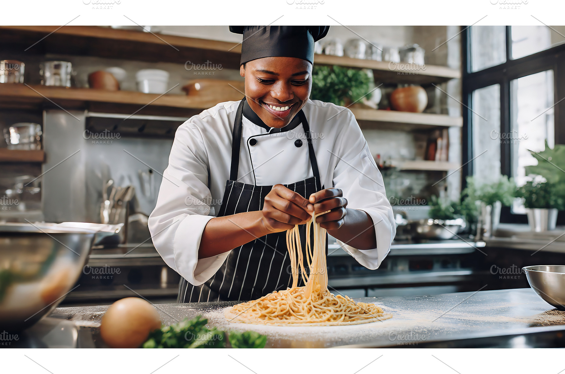 A smiling chef skillfully making, a Food & Drink Photo by Igor Tichonow
